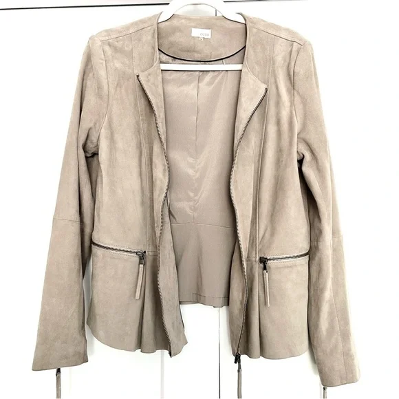 Beige Suede Moto Jacket Minimalist Biker Peplum Spring Weight Cream Size Medium - Picture 12 of 16